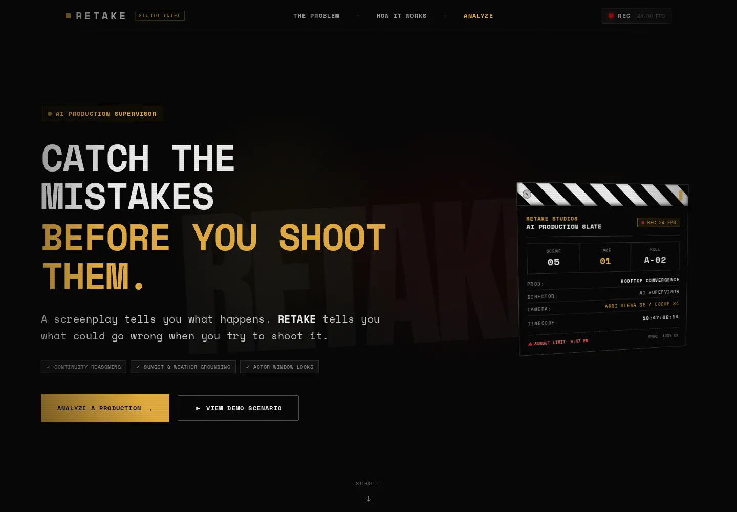 ReTake AI film production intelligence homepage